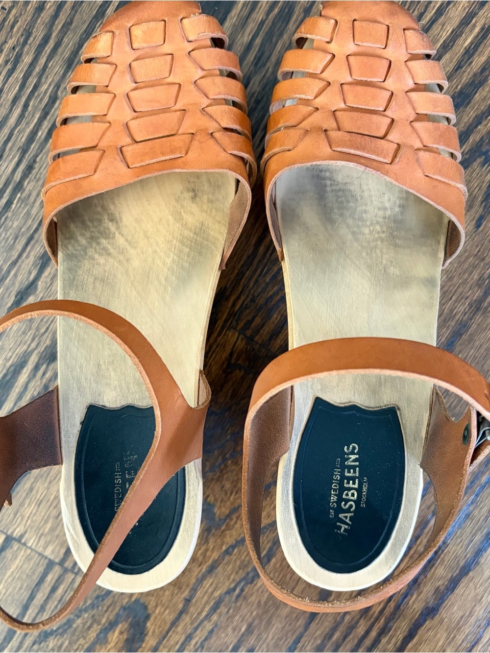 Swedish Hasbeens Tan Woven Leather Clog Sandals